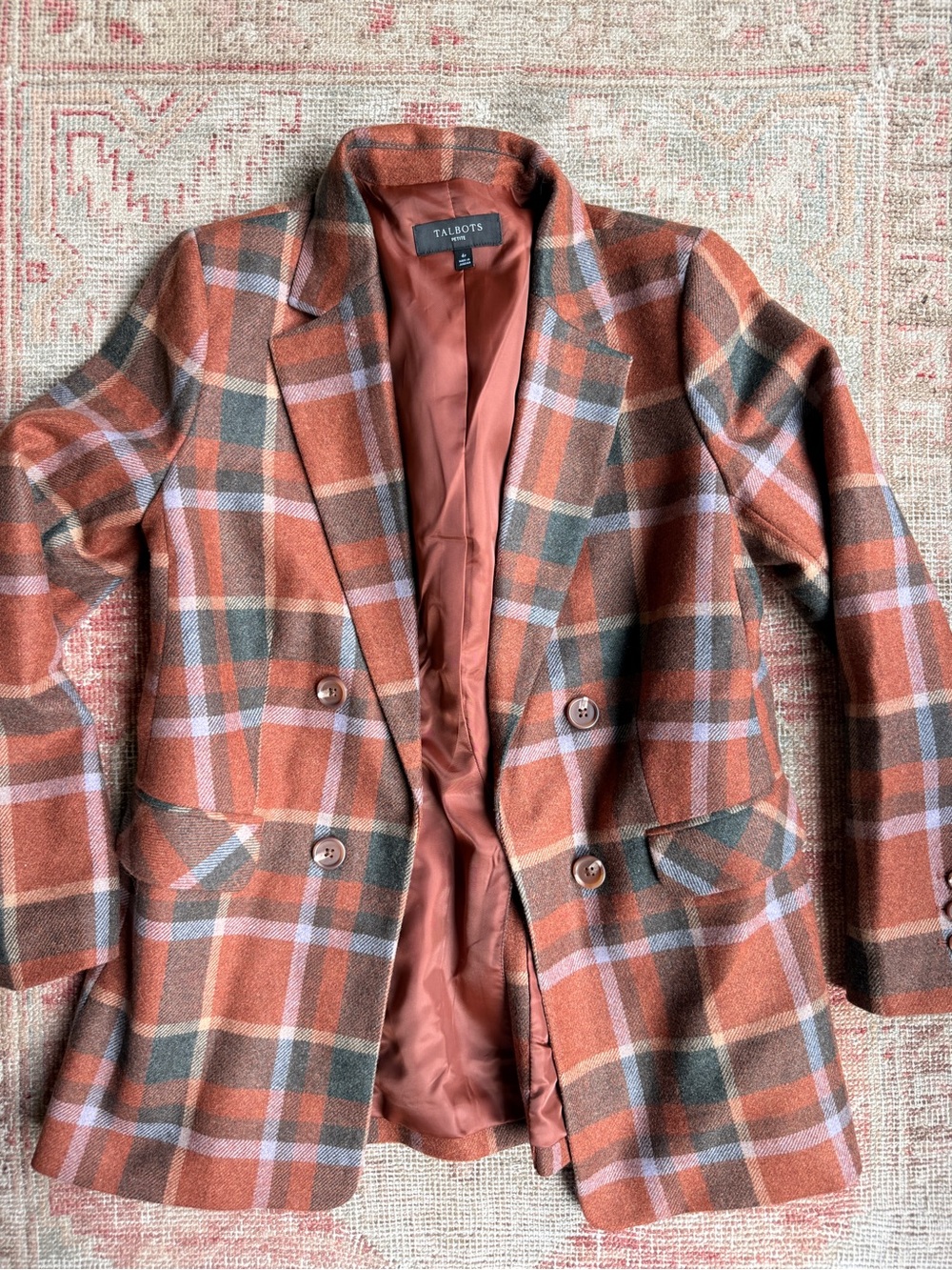 Cottagecore  wool Talbots orange and Brown Plaid Double-Breasted Blazer
